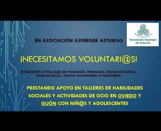 Voluntariado para incorporación inmediata en talleres de habilidades sociales y en actividades de ocio con adolescentes con Asperger/TEA